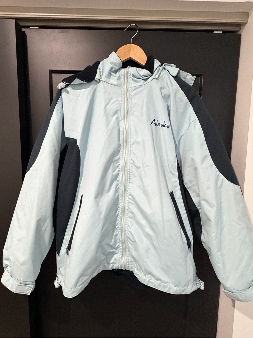 Alaska Embroidered Fleece Lined Hooded Windbreaker Jacket Blue M/L